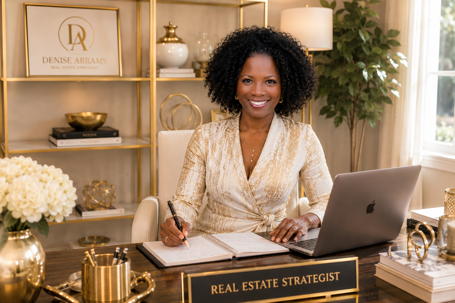 Denise Abrams at her branded desk with Real Estate Strategist nameplate
