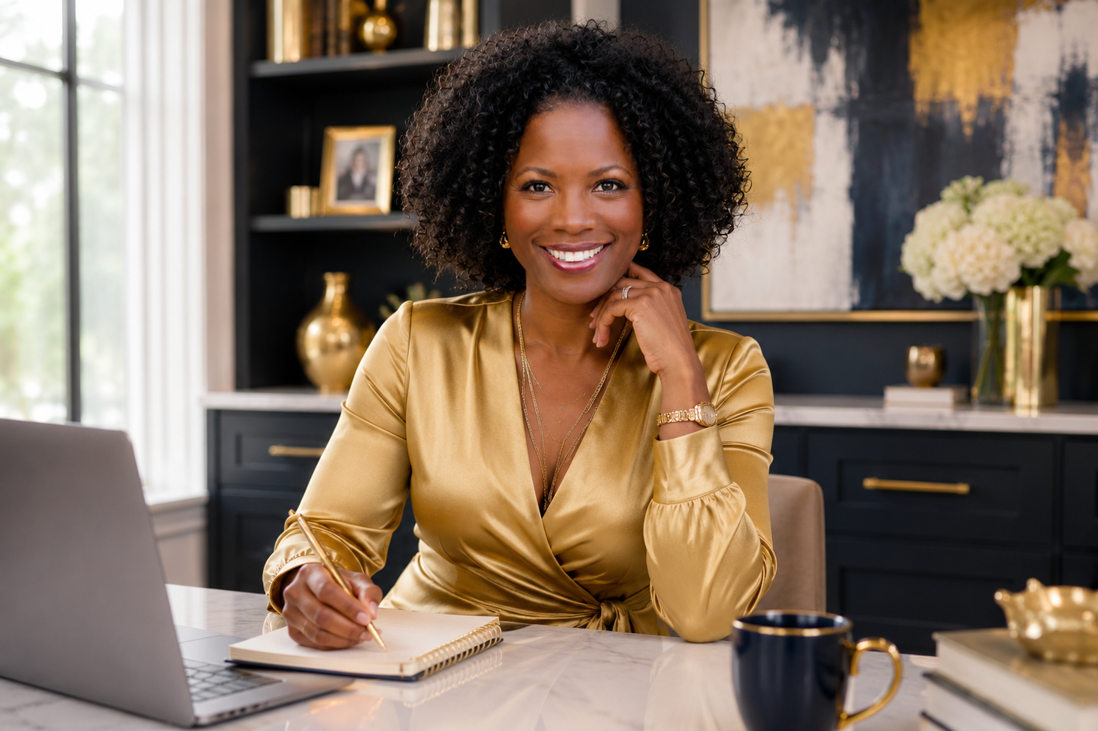 Denise Abrams at her desk ready to help clients