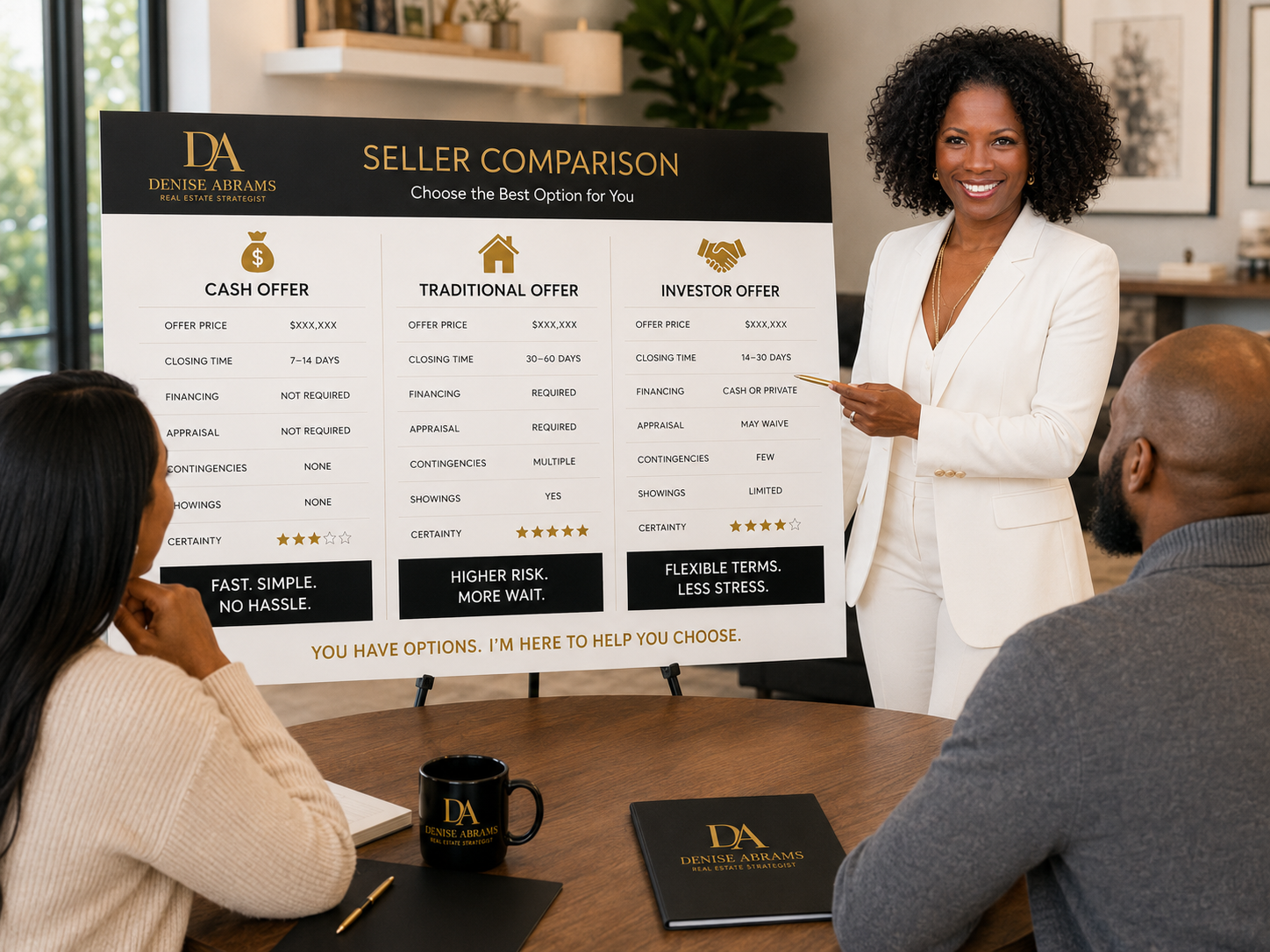 Denise Abrams presenting the Seller Comparison chart — Cash Offer, Traditional Offer, and Investor Offer — to clients