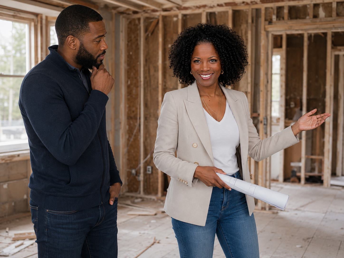 Denise Abrams walking through a fix-and-flip property with an investor client, holding blueprints and pointing out renovation opportunities