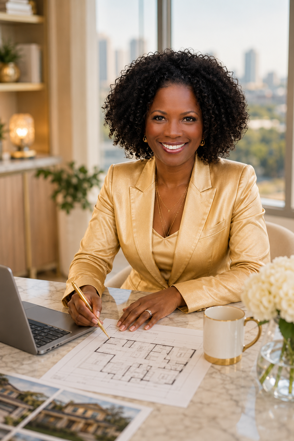 Denise Abrams reviewing investment property floor plans and market data