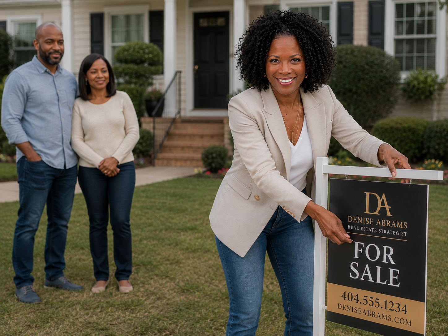 Denise Abrams placing a DA Real Estate Strategist For Sale sign in front of a home with happy sellers standing behind her