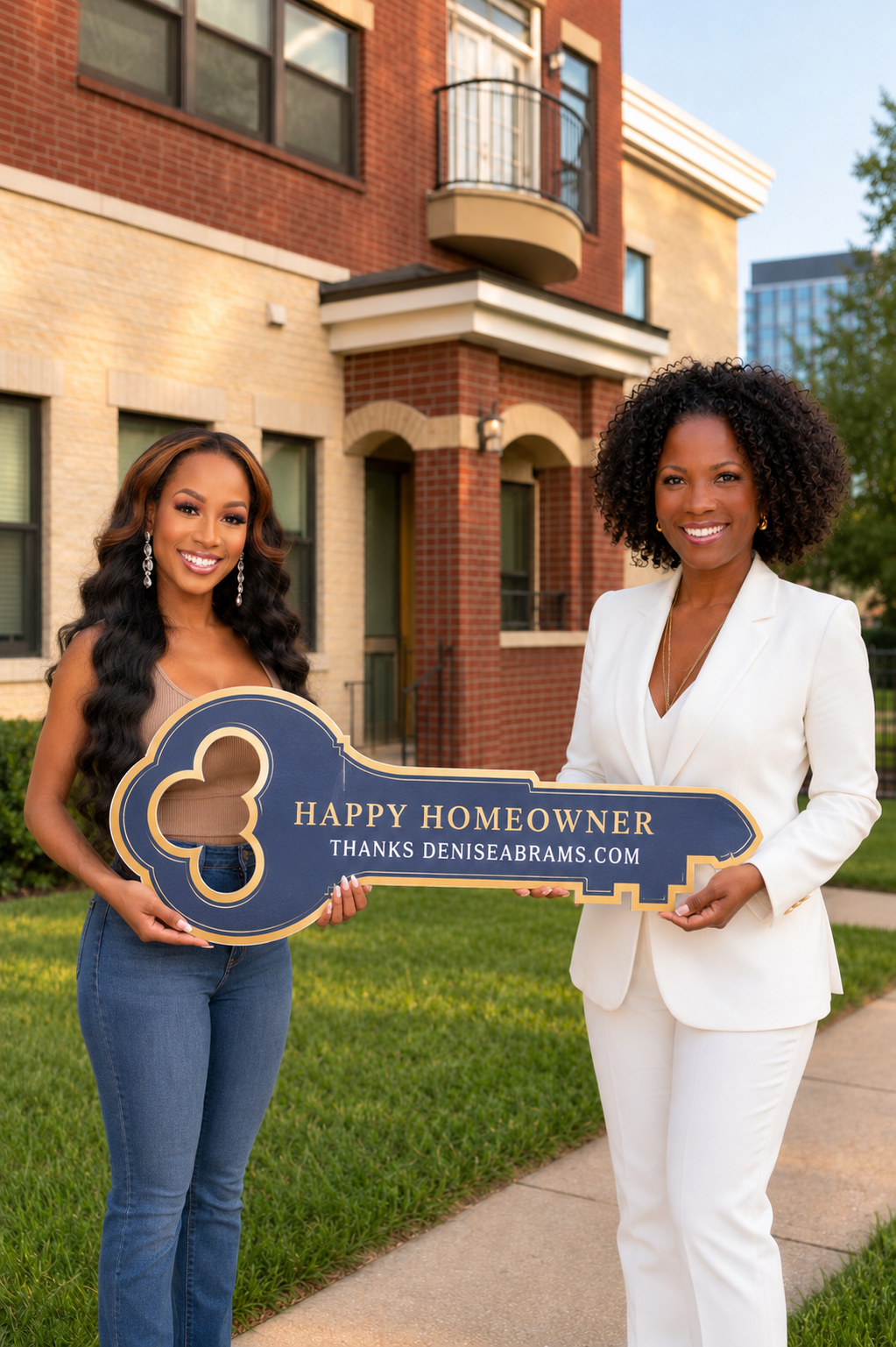 Denise Abrams celebrating with a happy homeowner holding a branded key sign