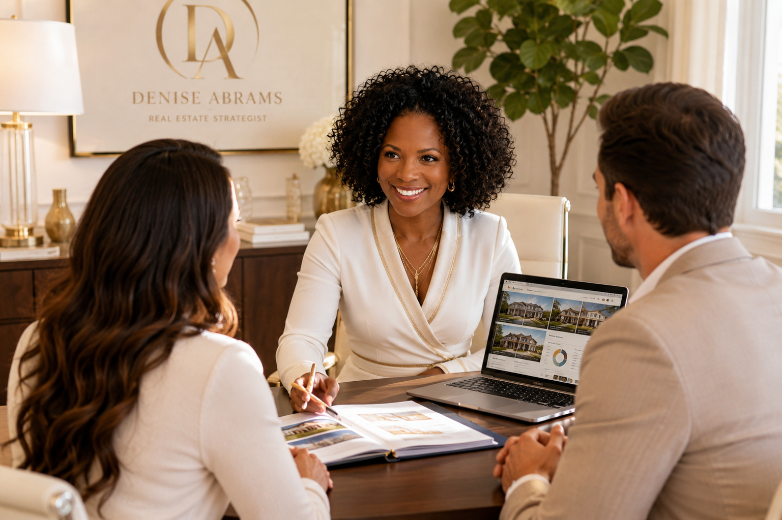 Denise Abrams consulting with sellers in her branded office, reviewing market data